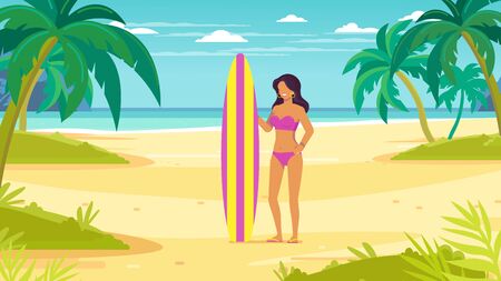 Ocean shore, tropical beach, sea coast. Sea waves. Surfer female.のイラスト素材