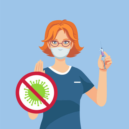 Fighting the virus. Vaccination. A healthcare professional demonstrates a vaccine against the virus. Nurse with a syringe.のイラスト素材