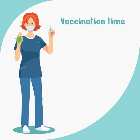 Fighting the virus. Vaccination. A healthcare professional demonstrates a vaccine against the virus. Nurse with a syringe.のイラスト素材