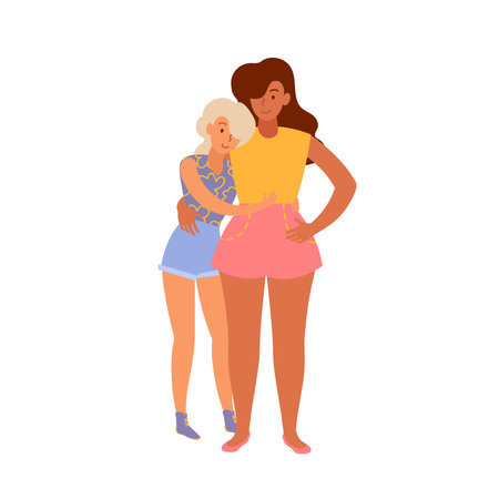 Two young women in each other's arms. Same sex love. Strong friendship. Different ethnic groups.のイラスト素材