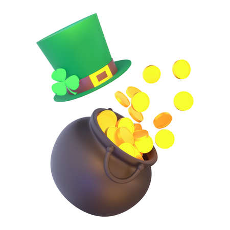 3d render St. Patrick's Day. Arrangement of a pot of gold, a hat and a shamrock.の写真素材
