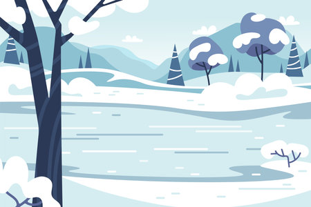 Winter background. Frozen lake and snowy landscape.のイラスト素材