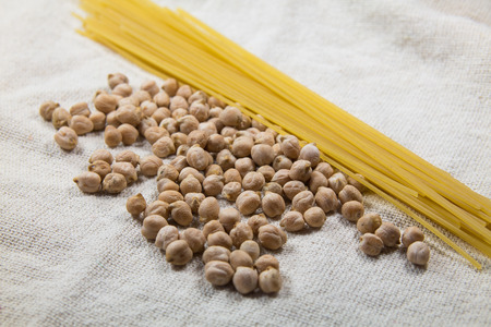 Chickpea and pasta on a white bagの写真素材