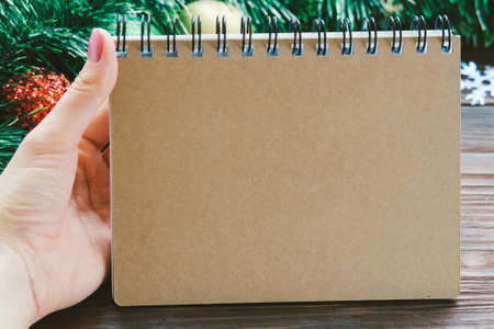 Female hand holding a notepad on the background of Christmas decorations. Copy space.の写真素材