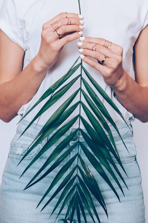 Vertical image of a girl in jeans and a T-shirt holding a palm leaf in hands with a manicure on a white backgroundの写真素材
