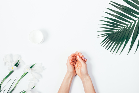 Female hands, cosmetic cream in a jar and flowers on a white background top viewの写真素材