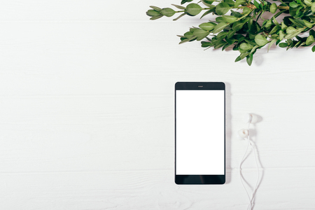 Close-up of mobile phone with blank screen next to headphones on white desk, top view. Table with green plant and smart device, flat lay composition with copy space.の写真素材
