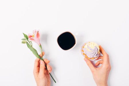 Flat lay composition woman's hands holding pink flower with cupcake near cup of coffee on white background, top view.の写真素材