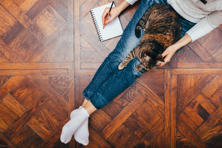 View from above young woman freelancer sitting on wooden floor writing in notepad and pet her cat. Concept comfortable work from home.の写真素材