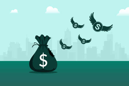 Coins dollar with wings flying over money sack. Lost money concept.のイラスト素材