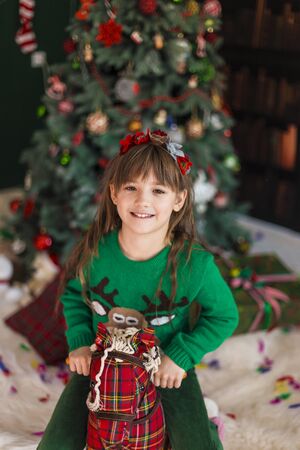 Happy kid girl having fun with wooden horse toy before christmas treeの写真素材