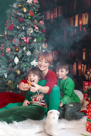Mother and her kids having fun with petards near dressed up treeの写真素材