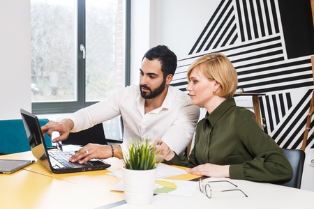 Two business colleagues work with laptop in stylish office interior