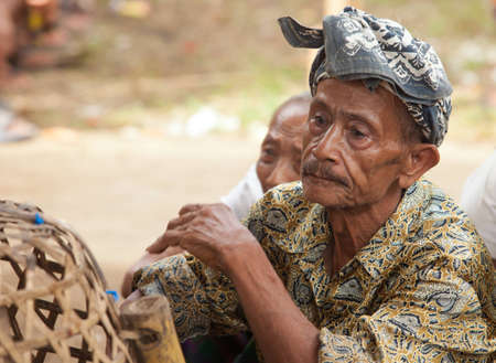 BALI - JANUARY 20. Old man with traditional head scarf assisting Cock fighting contest in Bali on January 20, 2012 in Bali, Indonesia. Cock fights are illegal, however are tolerated out of traditional.のeditorial素材