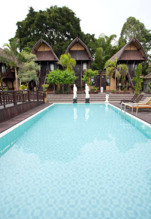 Nature resort with pool on Lake Batur in Bali, Indonesia.のeditorial素材