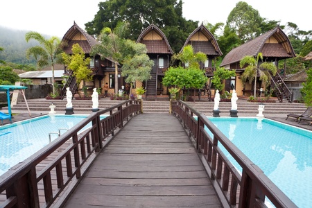 Nature resort with pool on Lake Batur in Bali, Indonesia.のeditorial素材