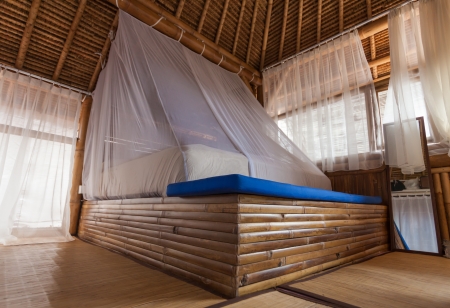 Bamboo bed in a bamboo bedroom in a bamboo houseのeditorial素材