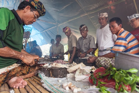 BALI - FEBRUARY 11. Villagers prepare food for wedding ceremony on February 11, 2012 in Bali, Indonesia. This fishing village community eat mostly pork.のeditorial素材