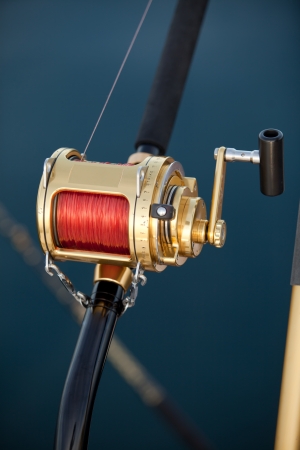 big game fishing reel in natural settingの写真素材