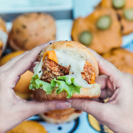 Chicken zinger burger filled with mayo sauce cheese and vegetables in a handの写真素材