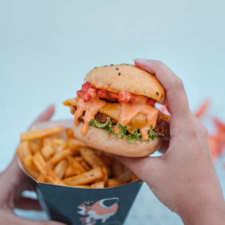 Chicken Zinger Burger with sesame beans topping and filled with vegetablesの写真素材