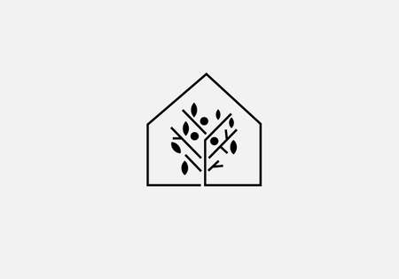 A line art icon logo of a house / home with a leaf and treeのイラスト素材