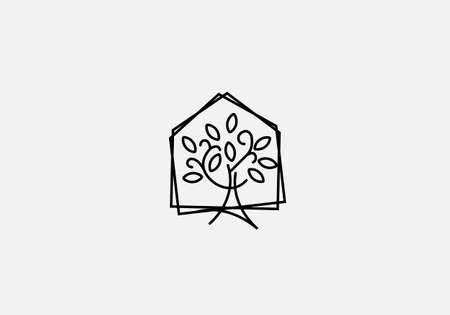 A line art icon logo of a house / home with a leaf and treeのイラスト素材