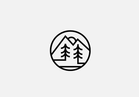 tree mountain and sun behind in a circle nature lookのイラスト素材