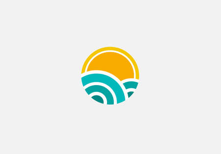 sun behind green lands or mountains or fields nature vector logo templateのイラスト素材