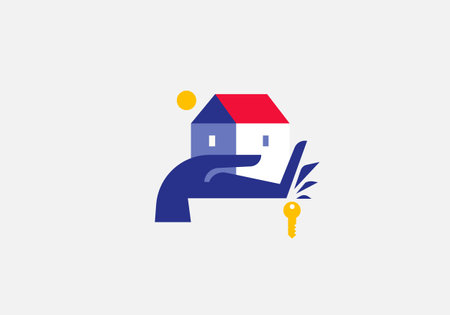 House vector logo real estate with keys and home symbol icon in handのイラスト素材