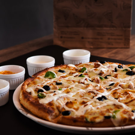 Chicken Tikka pizza with cheese topping with garlic mayo sauce and red chilli sauce on a tableの写真素材