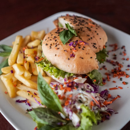 Chicken burger with fries and mayo sauce and vegetable dressing on a tableの写真素材