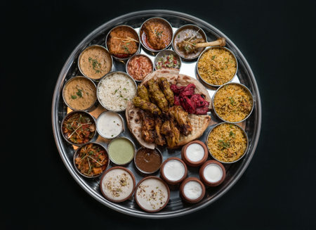 Pakistani indian food dish with multiple dishes and bread with BBQ chicken
