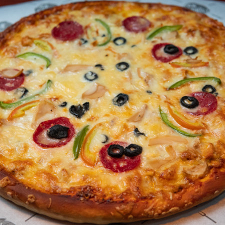 Vegetable Pizza with cheese and tomato on top and black olives and bell pepperの写真素材