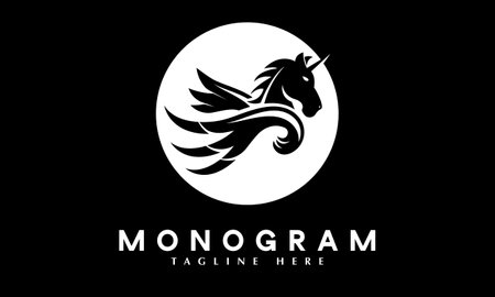 Black and white winged unicorn logo design vector icon illustration on black backgroundのイラスト素材