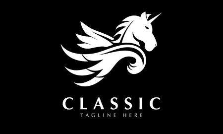 Unicorn black and white vector logo design. Horse head with winged body.のイラスト素材