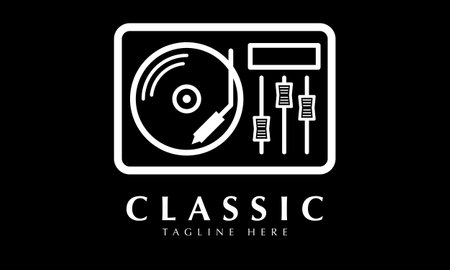 DJ turntable vinyl record vector logo icon illustration design template black backgroundのイラスト素材
