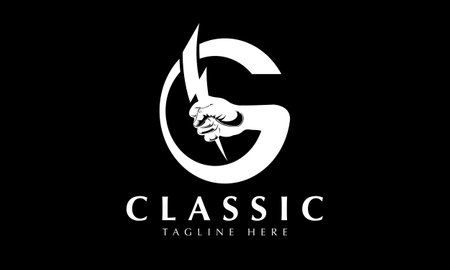 Letter G with a hand holding a knife. Black and white.のイラスト素材