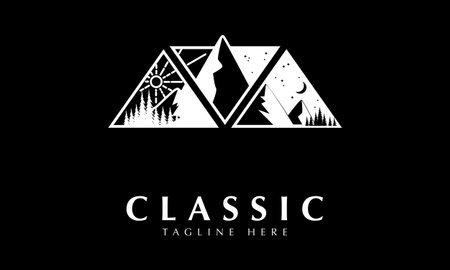 Camping logo design with triangles, mountains, trees and sky.のイラスト素材