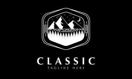 Black and white mountain landscape logo vector icon illustration design isolated on black backgroundのイラスト素材