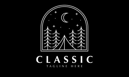 Black and White Camping Logo Design with Pine Forest and Moon.のイラスト素材