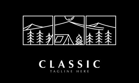 Camping logo design with camping tent, bonfire, mountains and forestのイラスト素材