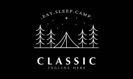 Fir trees and camping tent logo design vector template. Black and white colorのイラスト素材