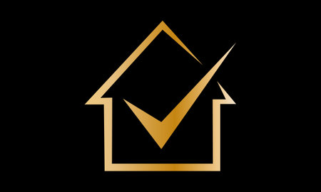 Gold tick mark in the house. Vector illustration on black background.のイラスト素材