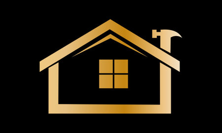 Real estate house logo. Gold house icon with hammer on black backgroundのイラスト素材