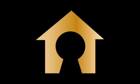 Golden house icon with keyhole on black background. Vector illustration.のイラスト素材