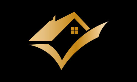 Real estate logo. Gold house symbol on black background. Vector illustration.のイラスト素材