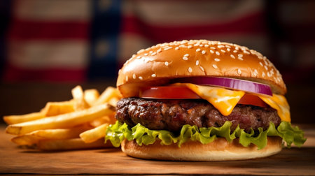 Cheese burger - American cheese burger with Golden French fries on wooden backgroundの写真素材