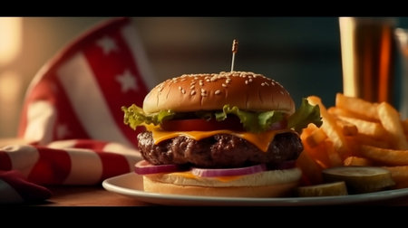 Cheese burger - American cheese burger with Golden French fries and cola drinkの写真素材