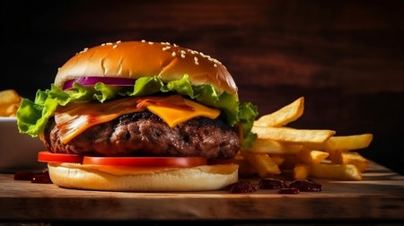 Cheese burger - American cheese burger with Golden French fries on wooden backgroundの写真素材